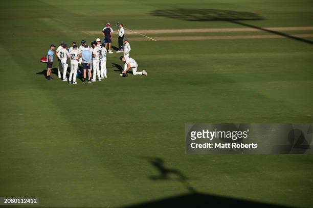 General view during the drinks break of the Sheffield Shield match between Queensland and New South Wales at Allan Border Field, on March 13 in...