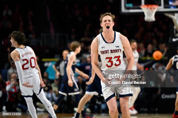 Luke Barrett of the Saint Mary's Gaels reacts in the final seconds of the championship game against the Gonzaga Bulldogs of the West Coast Conference...