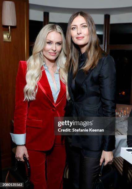 Lindsey Vonn and Maria Sharapova attend the Roger Federer and Oliver Peoples collaboration launch dinner on March 12, 2024 in Los Angeles, California.