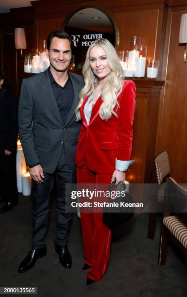 Roger Federer and Lindsey Vonn attend the Roger Federer and Oliver Peoples collaboration launch dinner on March 12, 2024 in Los Angeles, California.