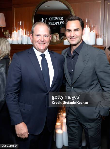 Tony Godsick and Roger Federer attend the Roger Federer and Oliver Peoples collaboration launch dinner on March 12, 2024 in Los Angeles, California.