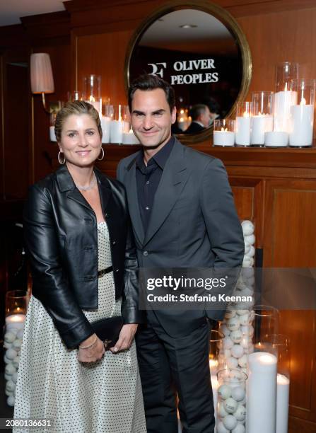 Mirka Federer and Roger Federer attend the Roger Federer and Oliver Peoples collaboration launch dinner on March 12, 2024 in Los Angeles, California.