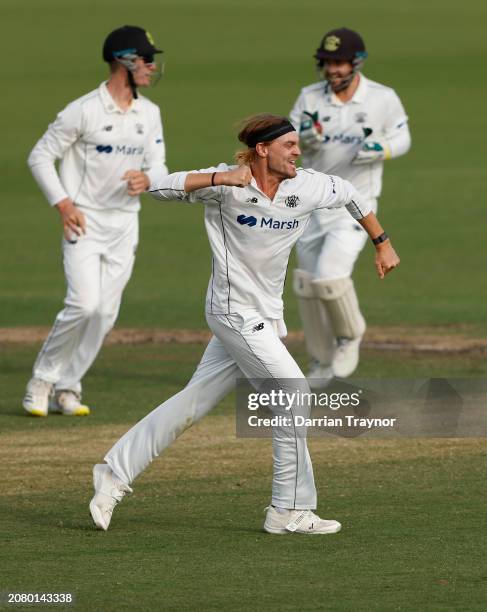 Corey Rocchiccioli of Western Australia celebrates the wicket of Todd Murphy of Victoria during the Sheffield Shield match between Victoria and...