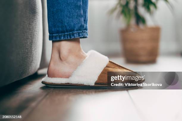 woman in soft slippers at home, closeup - chinelos imagens e fotografias de stock
