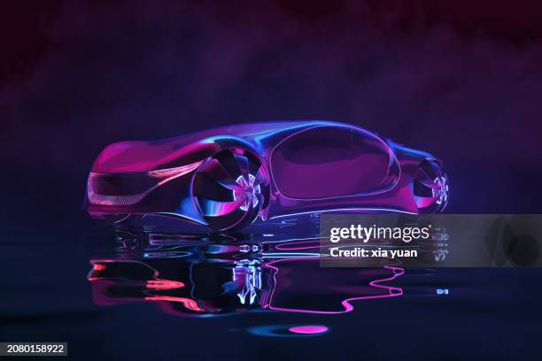 neon lights reflecting on futuristic concept car - coche del futuro fotografías e imágenes de stock