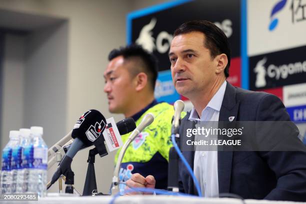 Head coach Massimo Ficcadenti of Sagan Tosu speaks at the post match press conference after the J.League J1 match between Sagan Tosu and Kashiwa...