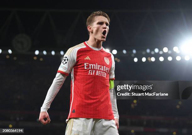 Martin Odegaard of Arsenal during the UEFA Champions League 2023/24 round of 16 second leg match between Arsenal FC and FC Porto at Emirates Stadium...