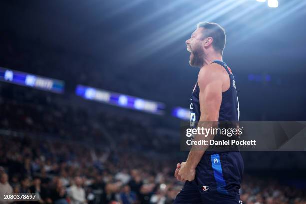 Matthew Dellavedova of United celebrates a basket during game three of the NBL Semifinal Playoff Series between Melbourne United and Illawarra Hawks...