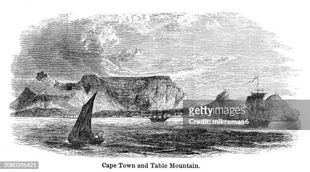 old engraved illustration of cape town and table mountain (flat-topped mountain forming a prominent landmark overlooking the city of cape town in south africa) - horn of africa stock pictures, royalty-free photos & images
