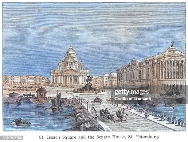 old engraved illustration of  st. isaac's square and the senate house of st. petersburg from the neva river - town stock illustrations stock pictures, royalty-free photos & images