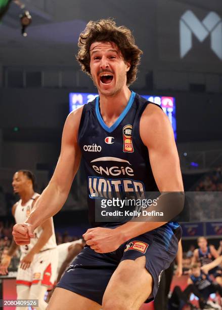 Kyle Bowen of United reacts during game three of the NBL Semifinal Playoff Series between Melbourne United and Illawarra Hawks at John Cain Arena, on...