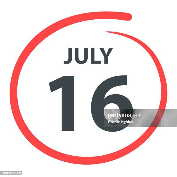 ilustraciones, imágenes clip art, dibujos animados e iconos de stock de 16 de julio - fecha encerrada en un círculo rojo sobre fondo blanco - número 16