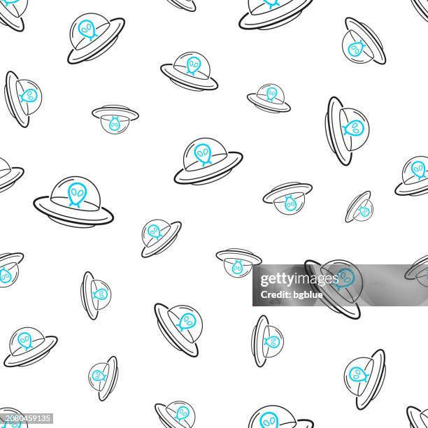 ufo - flying saucer with alien. seamless pattern. line icons on white background - space shuttle white background stock illustrations