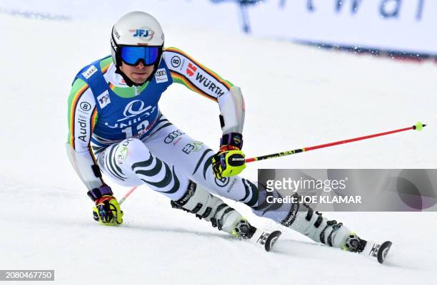 Germany's Alexander Schmid competes in the men's Giant Slalom event of FIS Ski Alpine World Cup in Saalbach, Austria on March 16, 2024.
