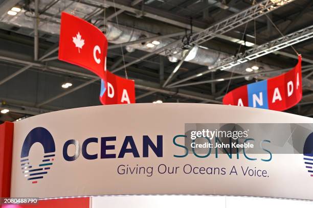 The Ocean Sonics logo and branding is displayed during the Oceanology International 2024 at ExCel on March 12, 2024 in London, England. The event is...