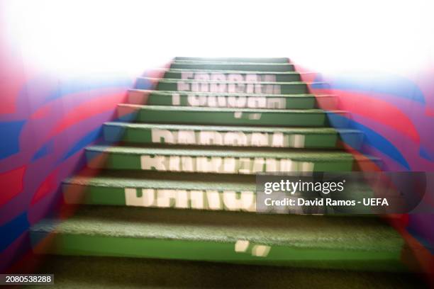 The message 'Força Barça' is written in the stairs to the pitch from the tunnel prior the UEFA Champions League 2023/24 round of 16 second leg match...