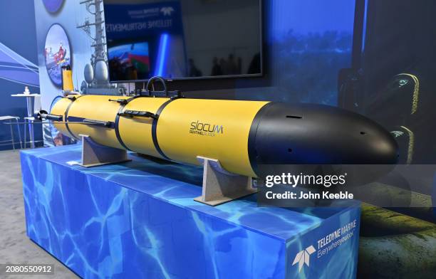 Teledyne Slocum Sentinel Glider autonomous underwater vehicle is displayed during the Oceanology International 2024 at ExCel on March 12, 2024 in...