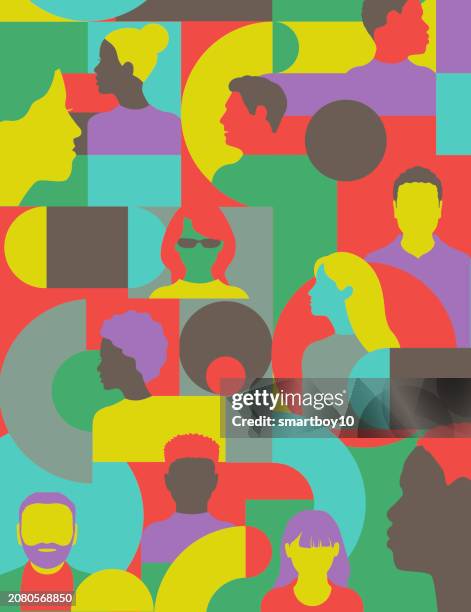 head profiles with geometric pattern - portrait colourful background stock illustrations