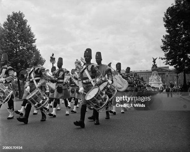 King's African Rifles, British Colonial Auxiliary Forces regiment, marching along the Mall during their Royal Tournament, London, UK, 11th June 1957.