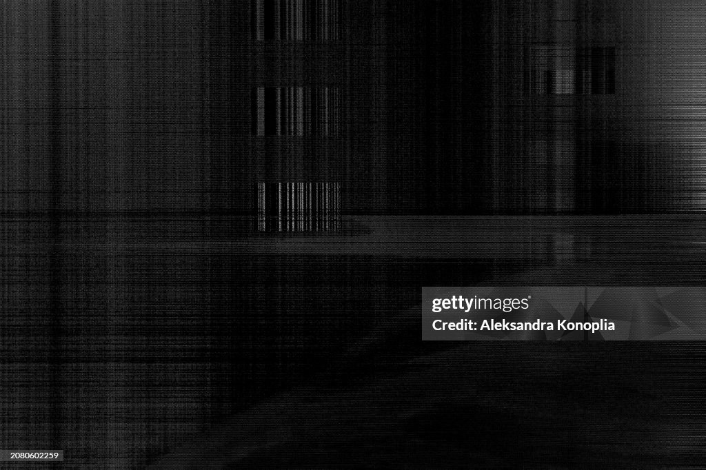 Black and white glitch effect background. Abstract grunge noise texture overlay effect. Video Damage Error. Full frame digital signal distortion visualization. Random lines and shapes. Technical problem of television. Dot tv background, Half tone dots