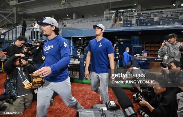 Los Angeles Dodgers' Shohei Ohtani takes the field for a baseball workout at Gocheok Sky Dome in Seoul on March 16 ahead of the 2024 MLB Seoul Series...