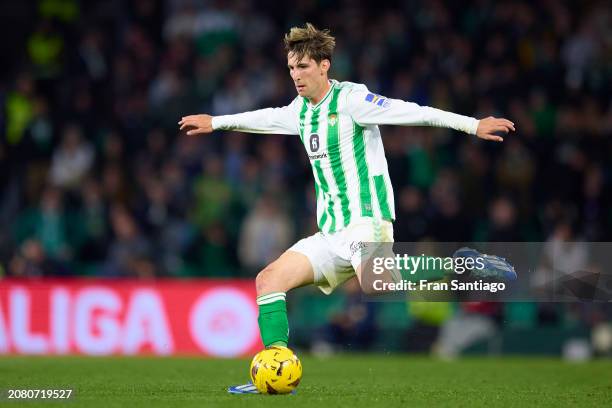 Juan Miranda of Real Betis in action during the LaLiga EA Sports match between Real Betis and Villarreal CF at Estadio Benito Villamarin on March 10,...