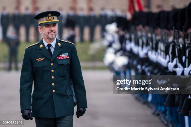 King Frederik X Of Denmark inspects the Royal life guard at Livgardens Kaserne on March 13, 2024 in Copenhagen, Denmark. For the first time as the...