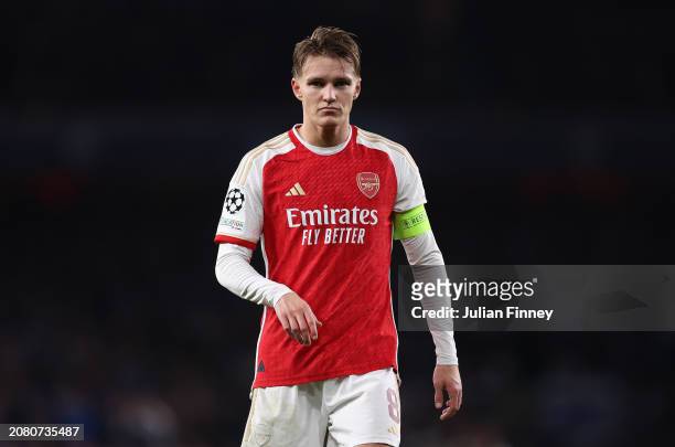 Martin Odegaard of Arsenal looks on during the UEFA Champions League 2023/24 round of 16 second leg match between Arsenal FC and FC Porto at Emirates...