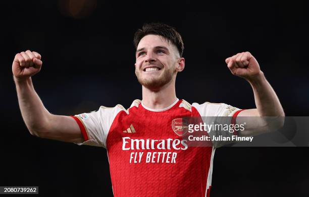 Declan Rice of Arsenal celebrates during the UEFA Champions League 2023/24 round of 16 second leg match between Arsenal FC and FC Porto at Emirates...