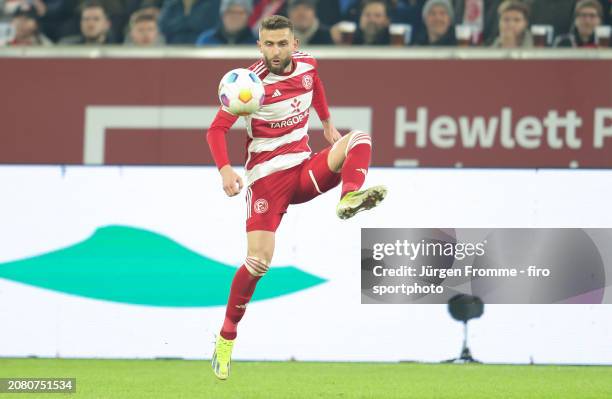 Nicolas Gavory of Fortuna plays the ball during the Second Bundesliga match between Fortuna Düsseldorf and Hamburger SV at Merkur Spiel-Arena on...