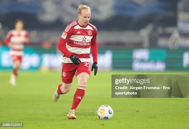 Dennis Jastrzembski of Fortuna plays the ball during the Second Bundesliga match between Fortuna Düsseldorf and Hamburger SV at Merkur Spiel-Arena on...