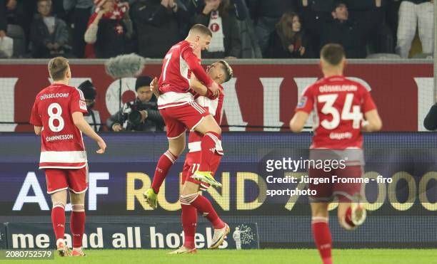 Christos Tzolis and Felix Klaus of Fortuna celebrate the goal to the 1:0 during the Second Bundesliga match between Fortuna Düsseldorf and Hamburger...