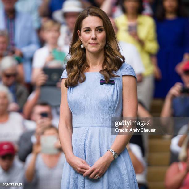 Catherine Duchess of Cambridge looks on after the Men's Singles final between Novak Djokovic of Serbia and Roger Federer of Switzerland during Day...