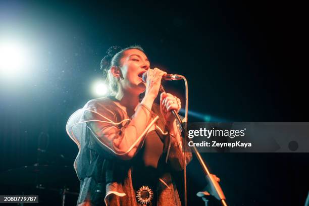 singer of music band performing on, stage light and smoke effects. - artist bildbanksfoton och bilder
