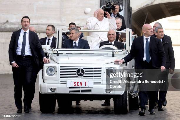 Pope Francis attends his general weekly audience in St. Peter's Square at the Vatican, on March 13, 2024 in Vatican City, Vatican.