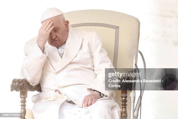 Pope Francis attends his general weekly audience in St. Peter's Square at the Vatican, on March 13, 2024 in Vatican City, Vatican.