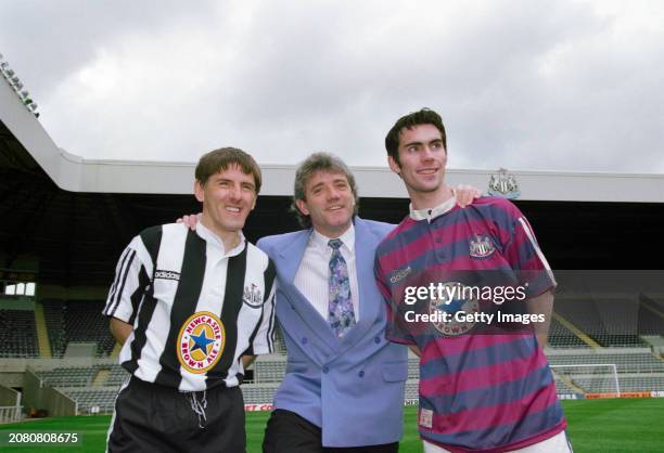 Newcastle United manager Kevin Keegan with players Peter Beardsley and Keith Gillespie at the launch at St James' Park on May 10, 1995 of the new...