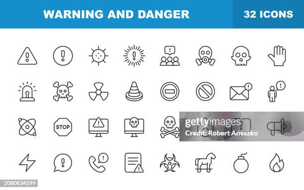 warning and danger line icons. editable stroke. contains such icons as warning sign, danger, alert, accident, caution, stop, communication, virus, hacker, thief, biohazard, protection, error. - deadly exchange stock illustrations