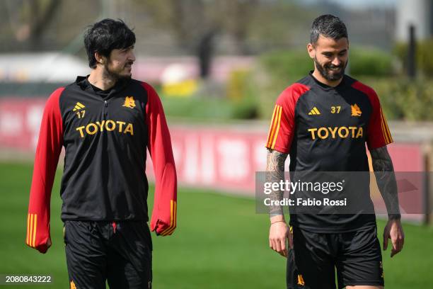 Roma players Sardar Azmoun and Leonardo Spinazzola during a training session at Centro Sportivo Fulvio Bernardini on March 13, 2024 in Rome, Italy.