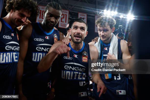 Chris Goulding of United celebrates with the team after winning game three of the NBL Semifinal Playoff Series between Melbourne United and Illawarra...