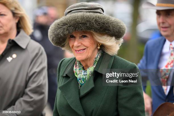 Queen Camilla attends Style Wednesday, day two of the Cheltenham Festival at Cheltenham Racecourse on March 13, 2024 in Cheltenham, England. This...