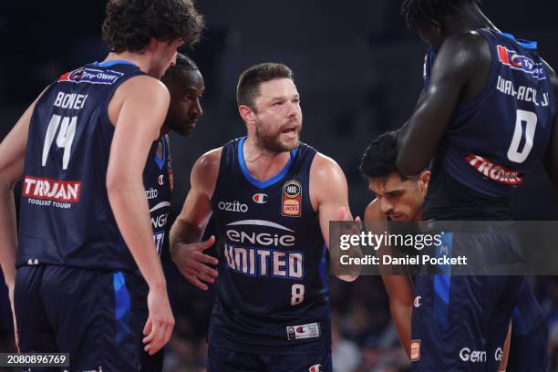 Matthew Dellavedova of United speaks to the team during game three of the NBL Semifinal Playoff Series between Melbourne United and Illawarra Hawks...