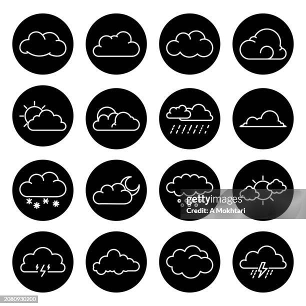 cloud icon in white outline on black background. - rain black background stock illustrations