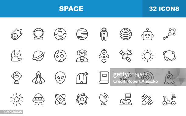 space line icons. editable stroke. contains such icons as asteroid, astronaut, space suit, earth, cosmos, star, telescope, galaxy, spaceship, travel, moon landing, alien, planet, rocket. - space shuttle discovery stock illustrations