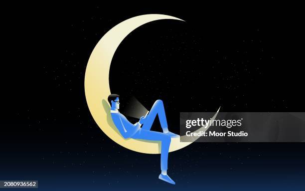 young man with gadget sitting on the moon - moon stars stock illustrations