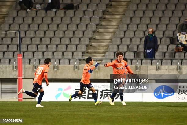 Koken KATO of AC Nagano Parceiro celebrates scoring his side's fourth goal with his teammate during the J.LEAGUE YBC Levain Cup first round match...