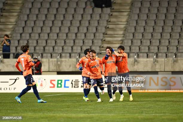 Koken KATO of AC Nagano Parceiro celebrates scoring his side's fourth goal with his teammate during the J.LEAGUE YBC Levain Cup first round match...