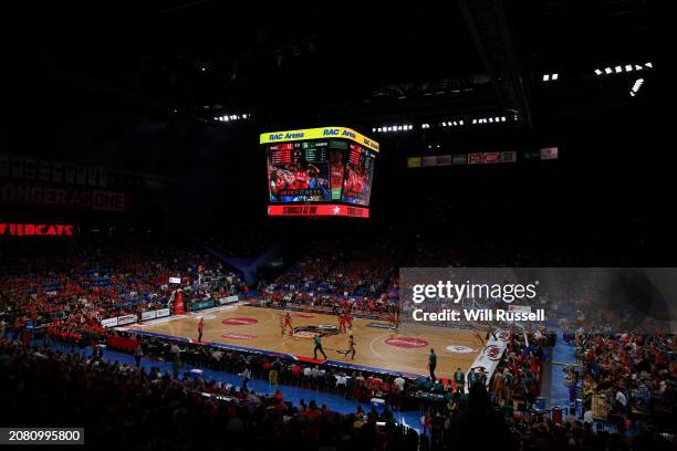 General view of play during game three of the NBL semifinal series between Perth Wildcats and Tasmania Jackjumpers at RAC Arena, on March 13 in...