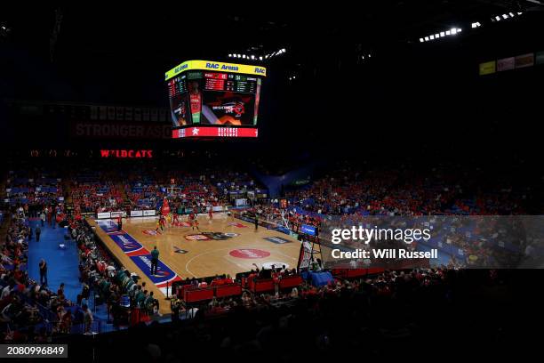 General view of play during game three of the NBL semifinal series between Perth Wildcats and Tasmania Jackjumpers at RAC Arena, on March 13 in...