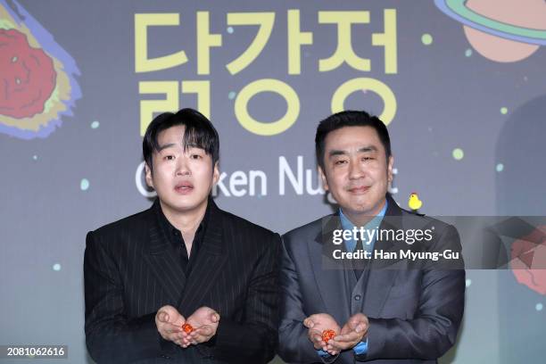South Korean actors Ahn Jae-Hong and Ryu Seung-Ryong attend the Netflix 'Chicken Nugget' press conference at Lotte Cinema on March 13, 2024 in Seoul,...